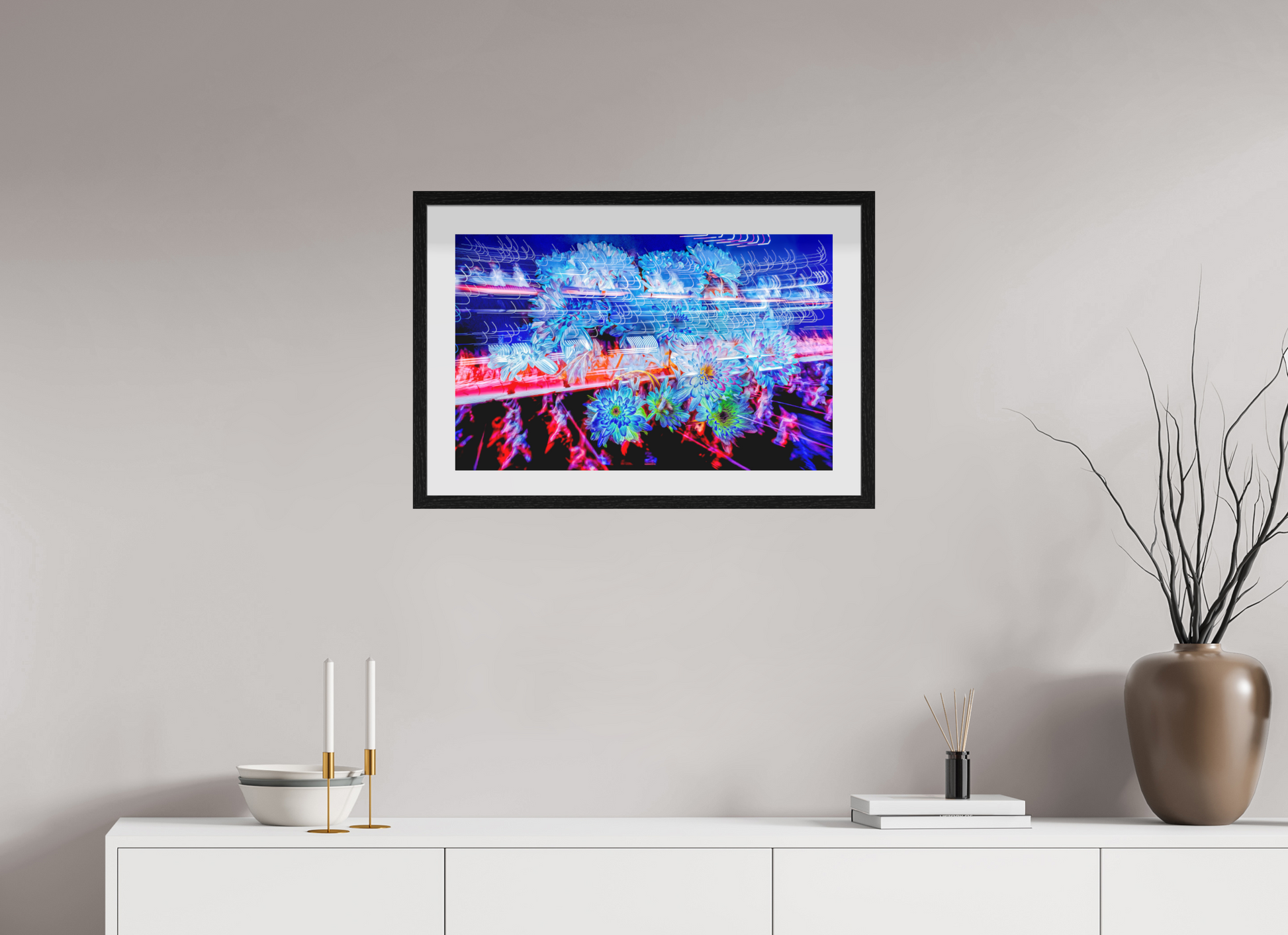 64 x 40 cm, 10 Cadre Noir Flottant Éclosions dans les courants de matière douce