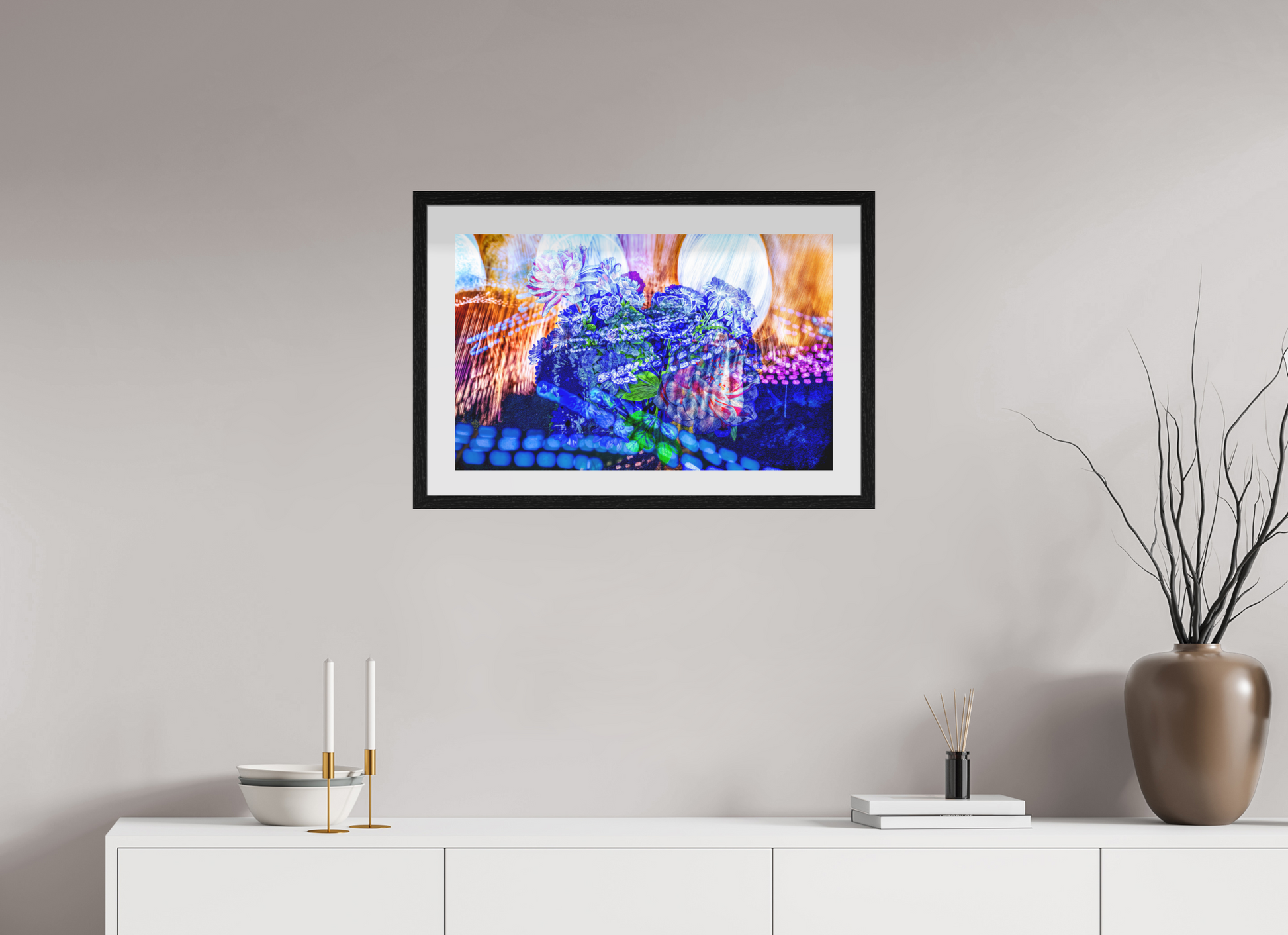 64 x 40 cm, Cadre Noir Flottant Le souffle lumineux des fleurs